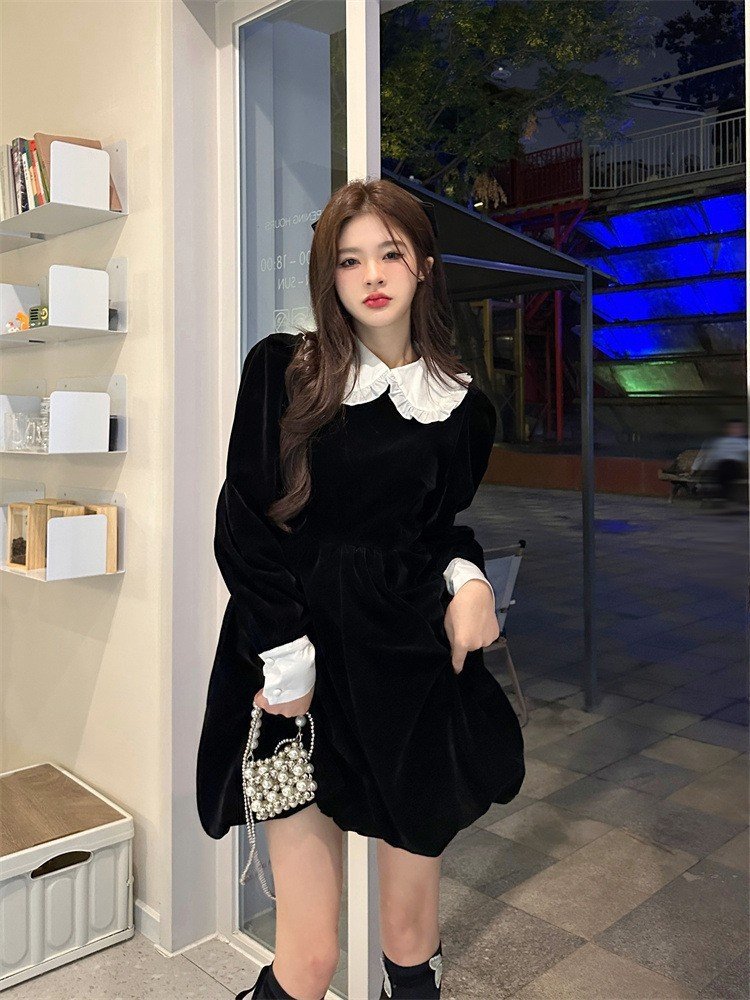 Váy nhung cổ sen dài tay, Váy nhung liền hàng Quảng Châu loại một bánh bèo nữ tính Kudoshop