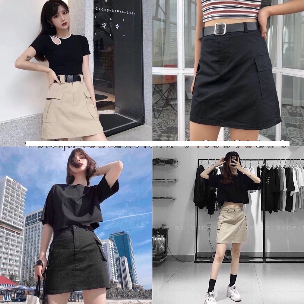 Chân váy kaki mềm phối 2 túi hộp cá tính