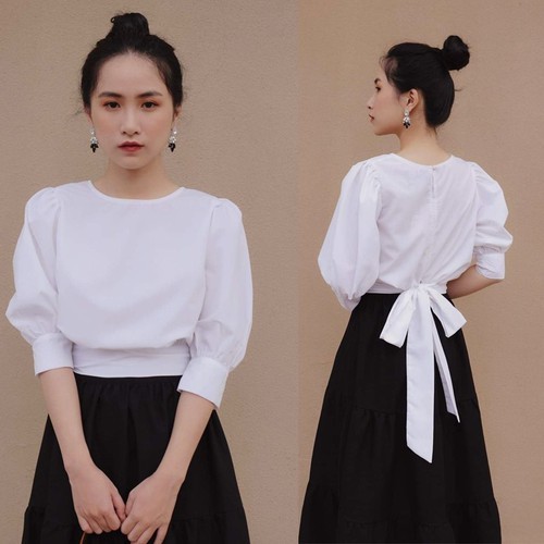 Áo cổ tròn thắt nơ sau
