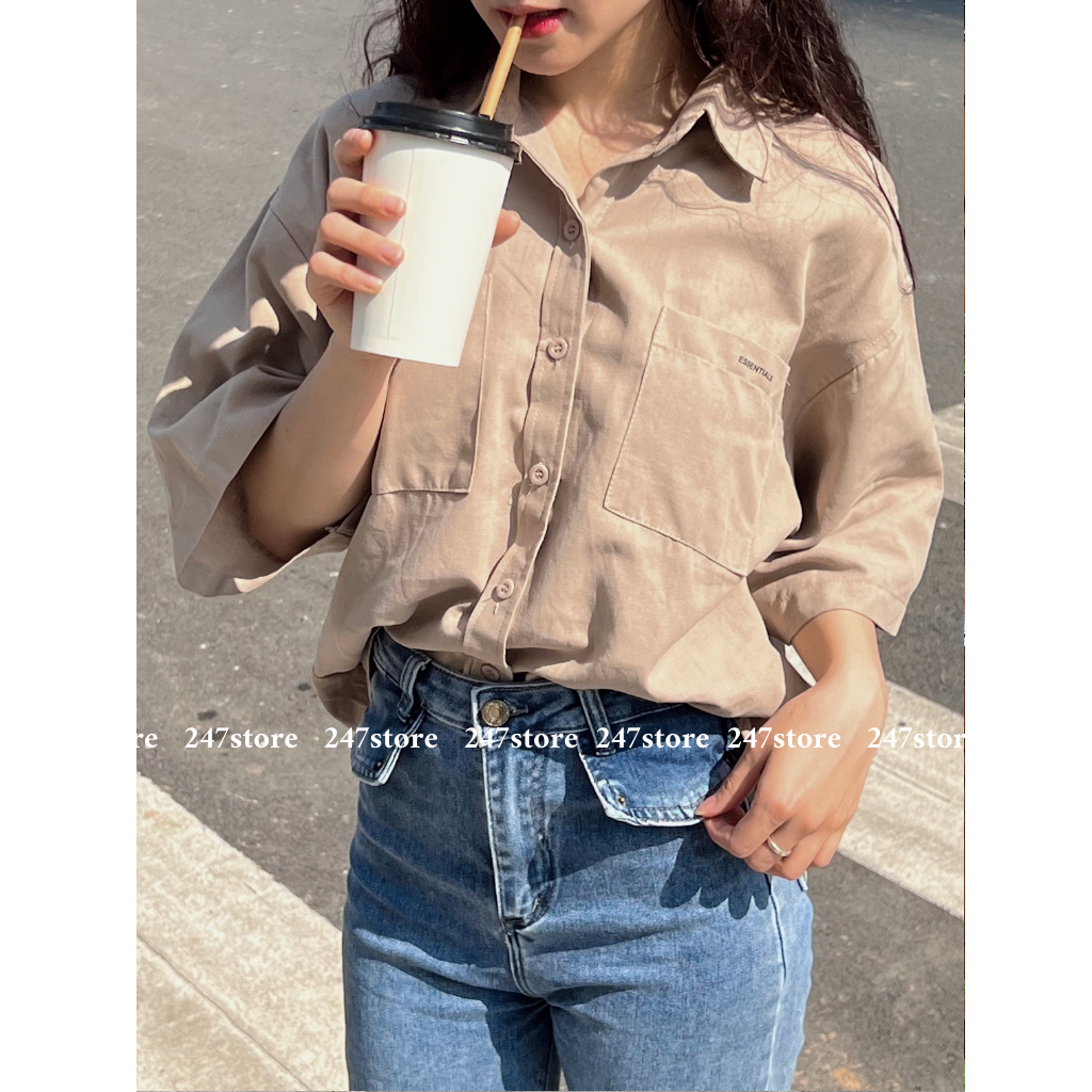 Áo sơ mi tay cộc chữ essentials màu be chất thô mát form rộng aosmessential2619