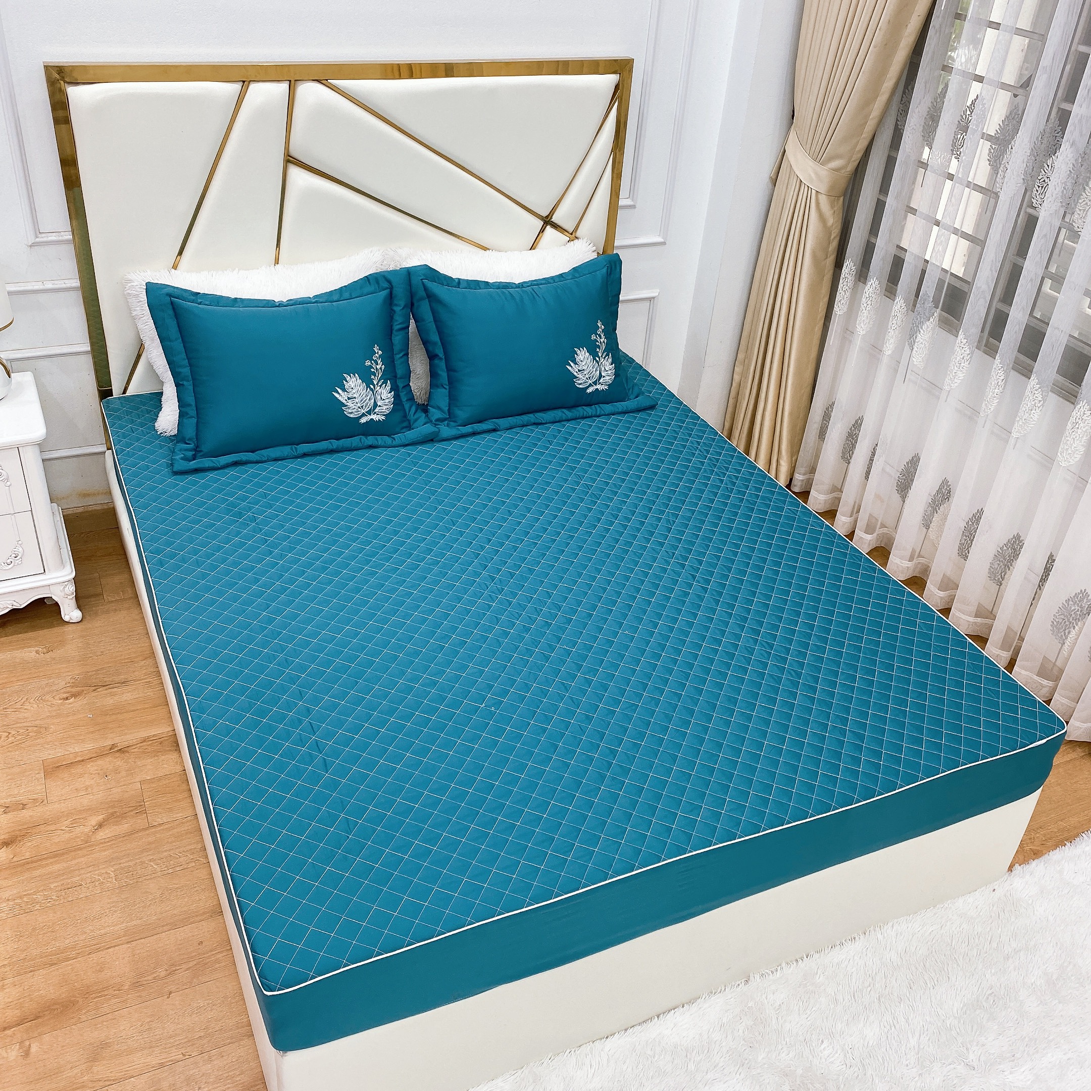 Bộ ga gối, drap chun trần bông 3 món phi lụa cao cấp ( dùng cho đệm 10cm )