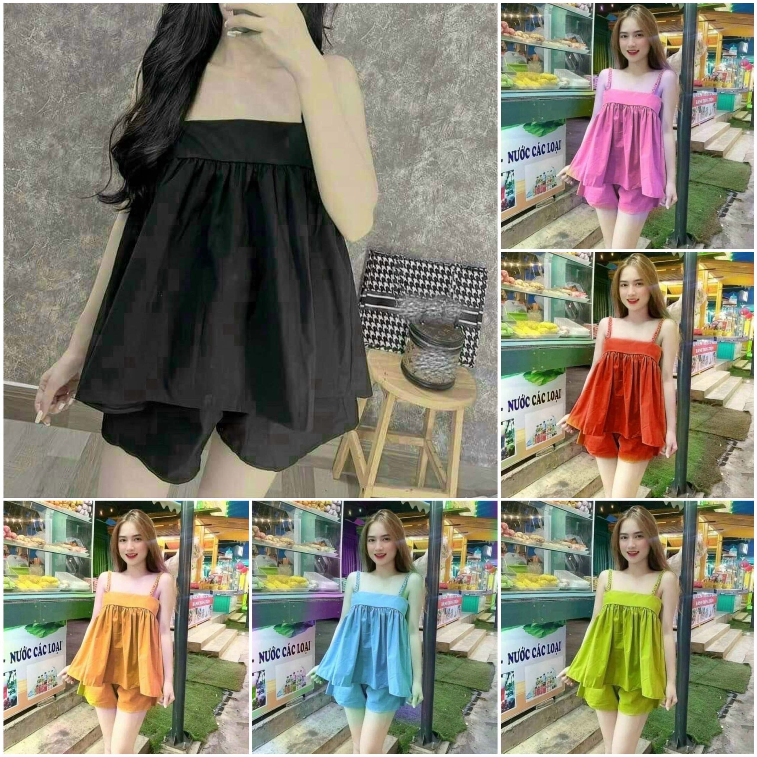 Set đùi lụa hàn hai dây cổ vuông (freesize dưới 60kg)