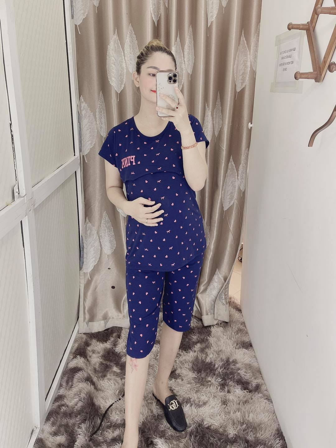 Bộ Lửng Bầu Và Sau Sinh Chất Cotton Cao Cấp (Cổ tròn chữ pink)