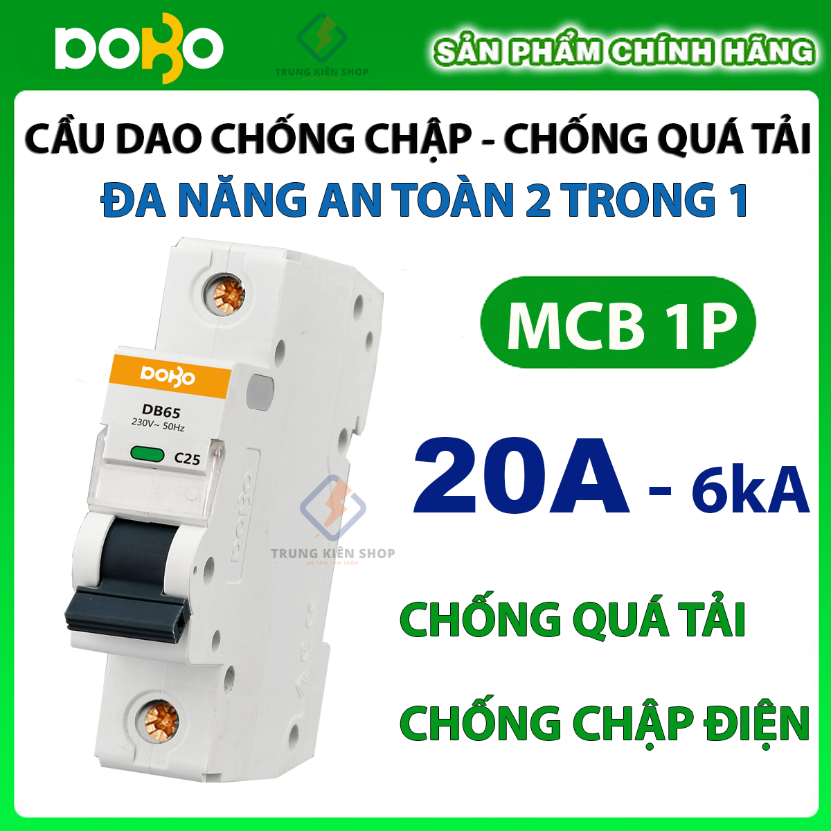 [HÀNG CHÍNH HÃNG] Cầu Dao Tự Động 1P 1 Tép 20A  MCB DOBO KOREA - siêu nhạy 6kA  (Aptomat tự động bảo vệ quá tải - chống chập cháy - Hàng Tốt) - Bảo hành 12 tháng lỗi đổi mới tận nhà