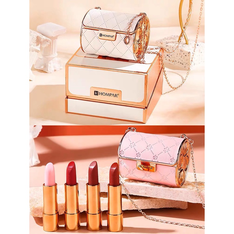 Set 4 cây son HOMPAR, kèm túi xách đựng son full box xinh xắn