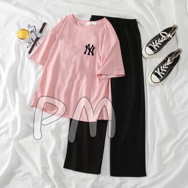 Sét áo N Y + quần cạp cao , Áo thun nam nữ, quần kaki, quần nữ, sét bộ mặc ở nhà, áo thun tay dài, quần jean ống rộng - MIMOSA