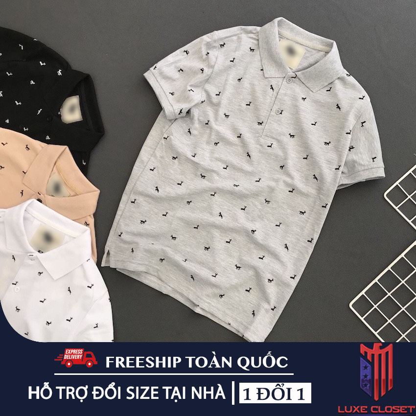Áo thun nam cổ bẻ họa tiết hươu thun cá sấu nam tính axk031