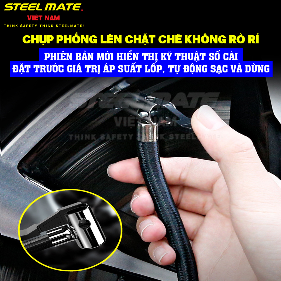 bơm hơi ô tô điện tử 12V thông minh tự ngắt cao cấp STEELMATE - Đồng hồ điện tử hiển thị thông số - Tự động ngắt - Thiết lập trước áp suất - Tích hợp đèn LED khẩn cấp