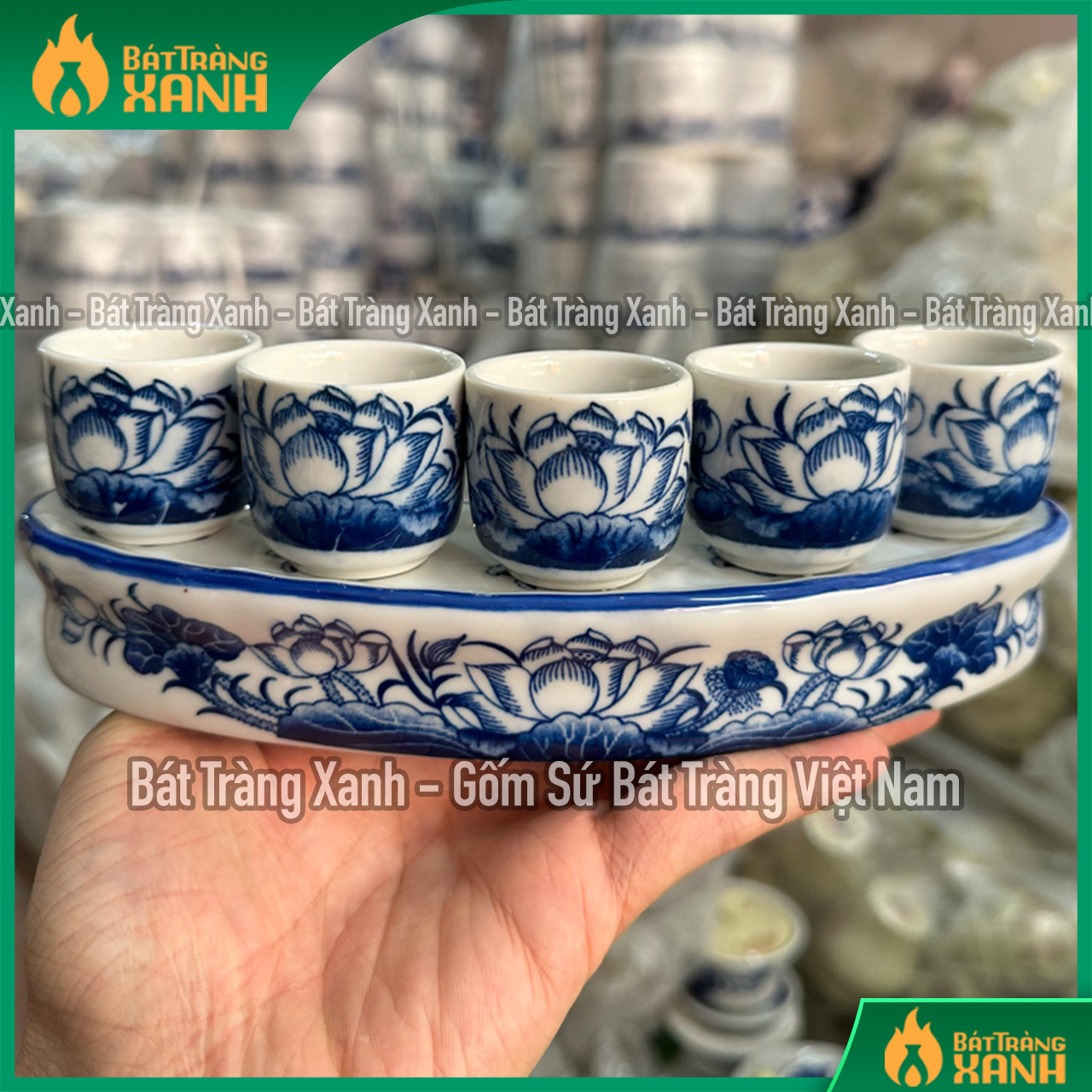 Bộ kỷ, chén nước, chén thờ cúng bát tràng men trắng, men lam cao cấp - họa tiết rồng, sen, bộ ly nước cúng