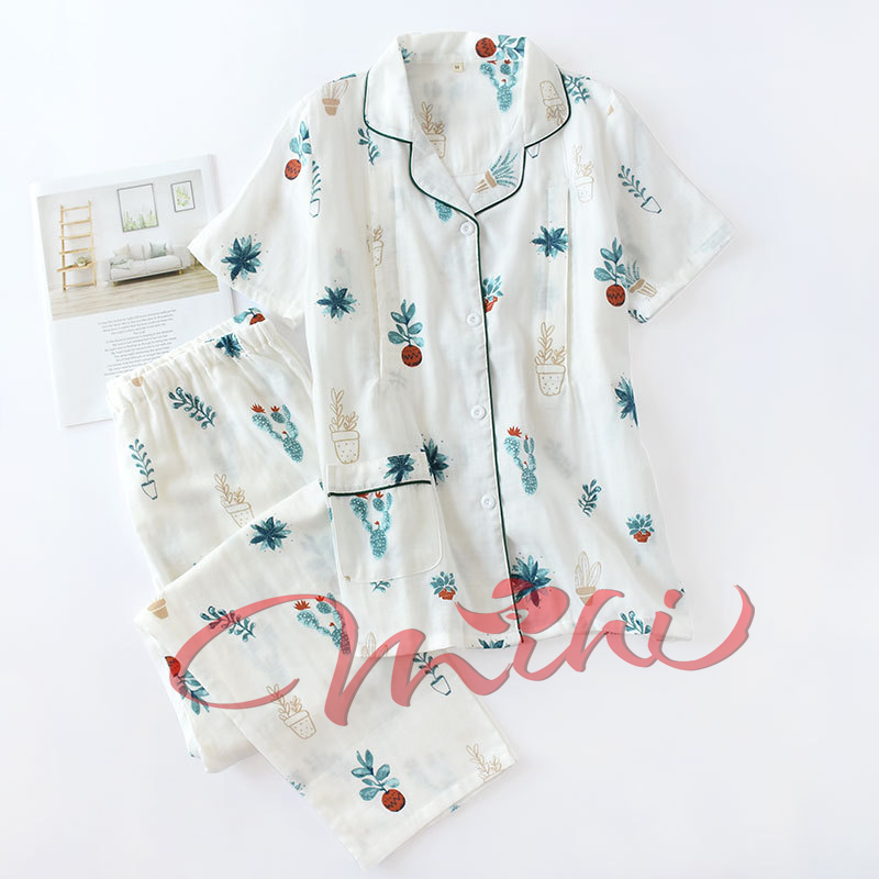 Bộ đồ bầu, sau sinh cho con bú, Pijama thô đũi cực mát (ẢNH THẬT - xương rồng trắng/hồng)