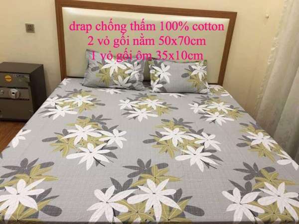 Ga chống thấm Goodmama 100% cotton kích thước 1m8x 2mx10cm, 2 vỏ gối nằm 50x70cm và 1 vỏ gối ôm 35x100cm