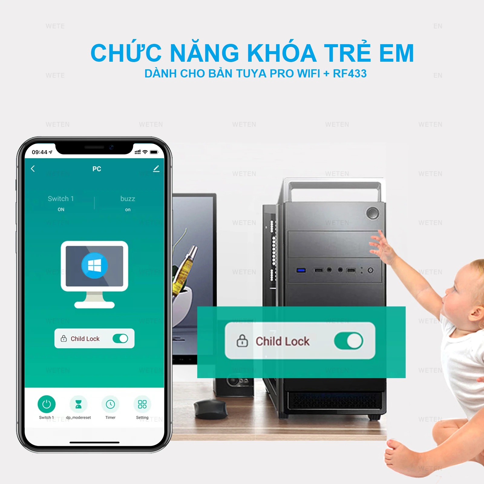 Công Tắc máy tính Wifi+RF433 Thông Minh TUYA