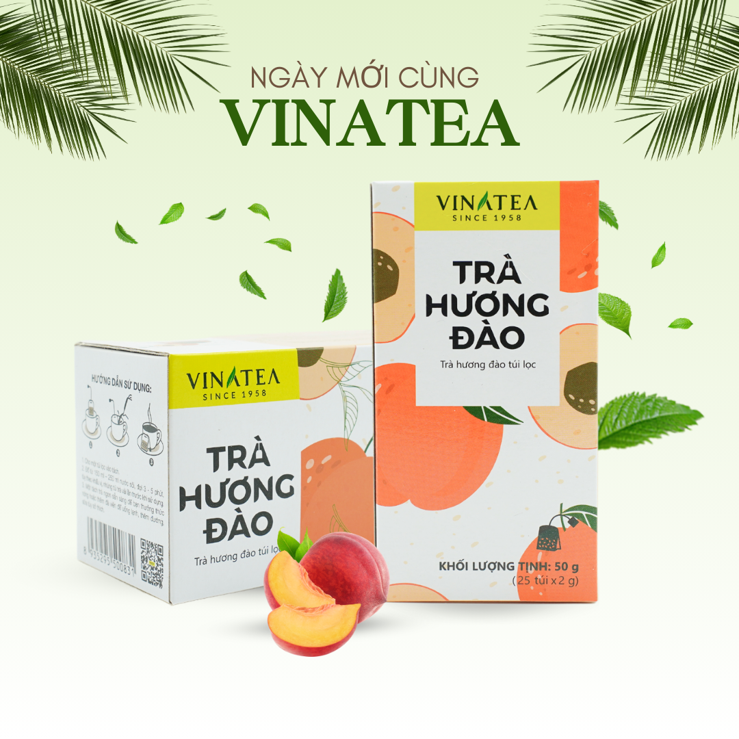 Trà đào khối lượng 50g, trà túi lọc hộp 25 túi thơm đậm vị đào tự nhiên, trà Vinatea cho sức khoẻ