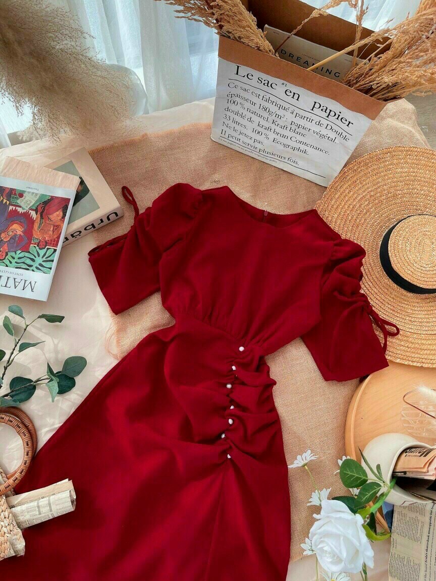 ĐẦM TIỂU THƯ ĐẦM NHUNG ĐỎ TAY RÚT