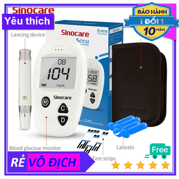 Máy đo đường huyết thử bệnh tiểu đường đo chỉ số đường huyết thấp cao Safe Accu Sinocare Đức(Tặng kèm 10 que thử và 10 kim)