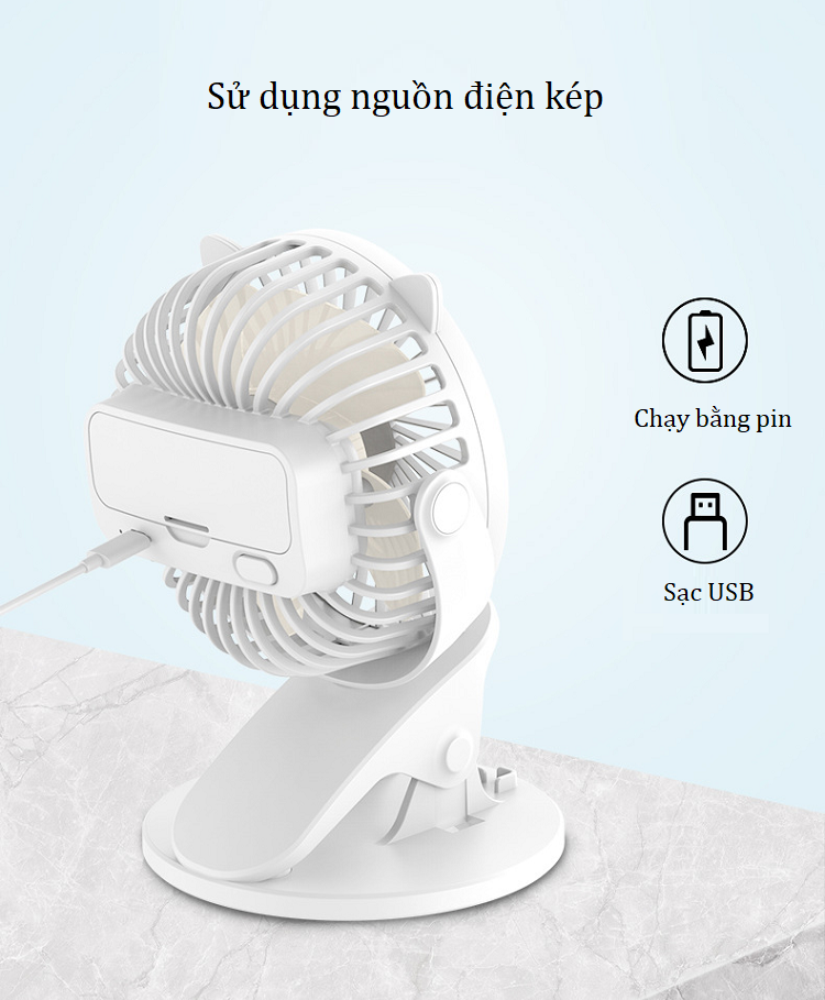 Quạt mini để bàn có kẹp xoay 360° ( Tặng pin khủng 18650 )
