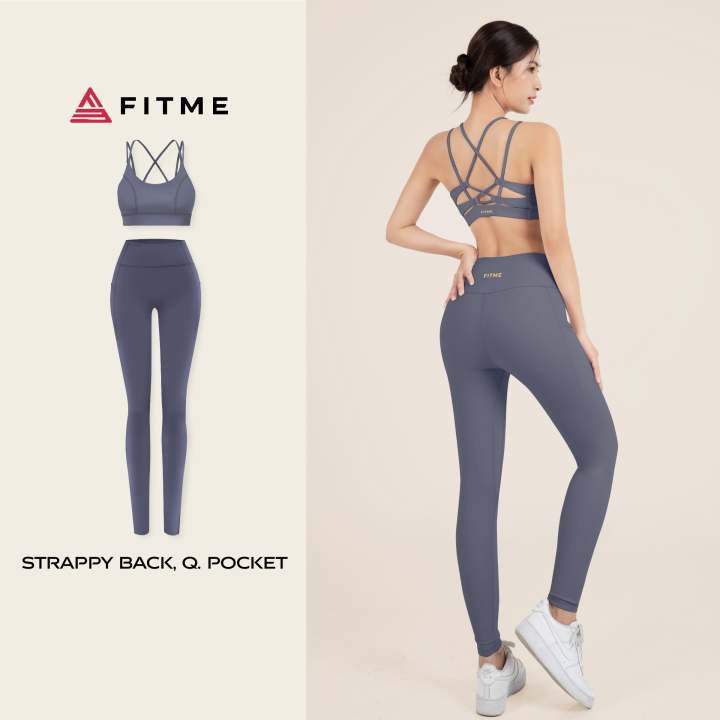Bộ đồ tập gym yoga nữ Fitme áo bra thể thao nữ Strappy Back, Quần legging Pocket Midnight Blue