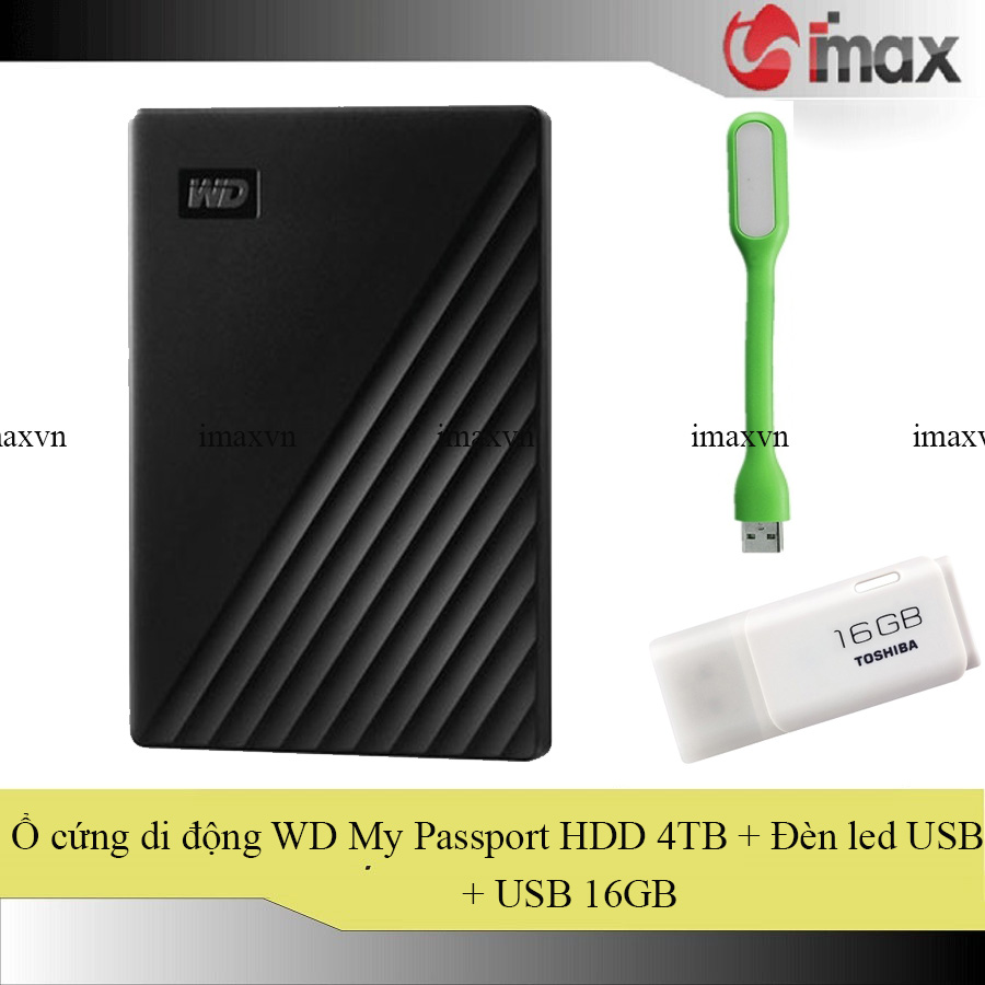 Ổ cứng di động wd my passport hdd 4tb + đèn led usb + usb 16gb