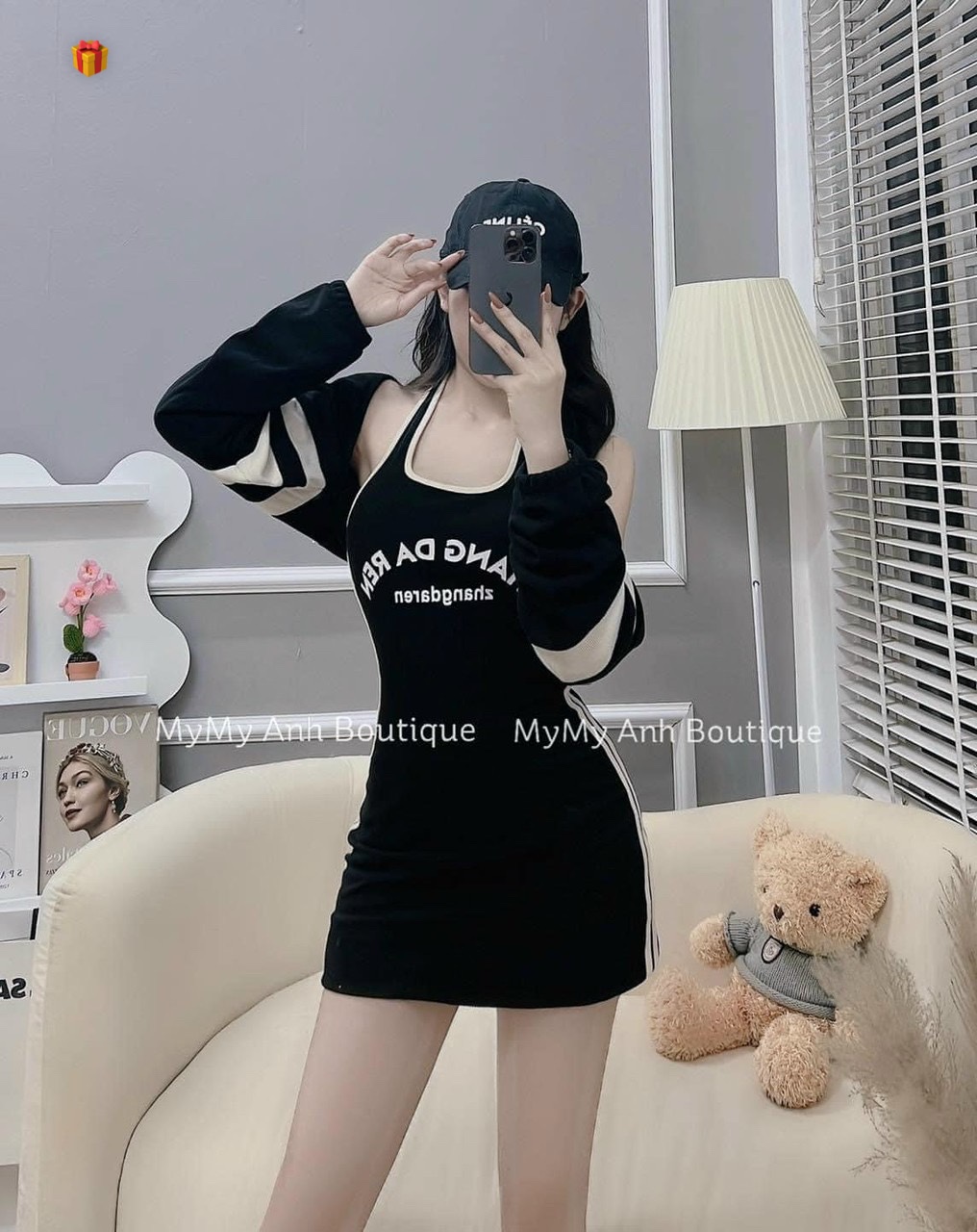 Sét đầm 2 dây viền màu in chữ trước ngực 2 sọc đứng bên phối áo khoác thom cực hot , chất thun gân dày dặn