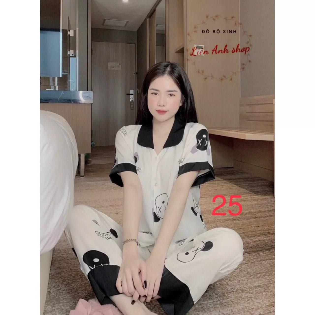 Bộ đồ ngủ mặc nhà áo cộc quần dài H1