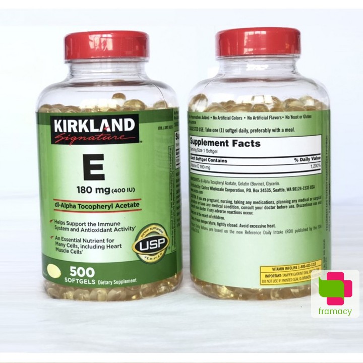 Vitamin E Kirkland 400 IU, Mỹ (500 viên) trẻ hóa làn da, chống lão hóa cho phụ nữ từ 12 tuổi trở lên