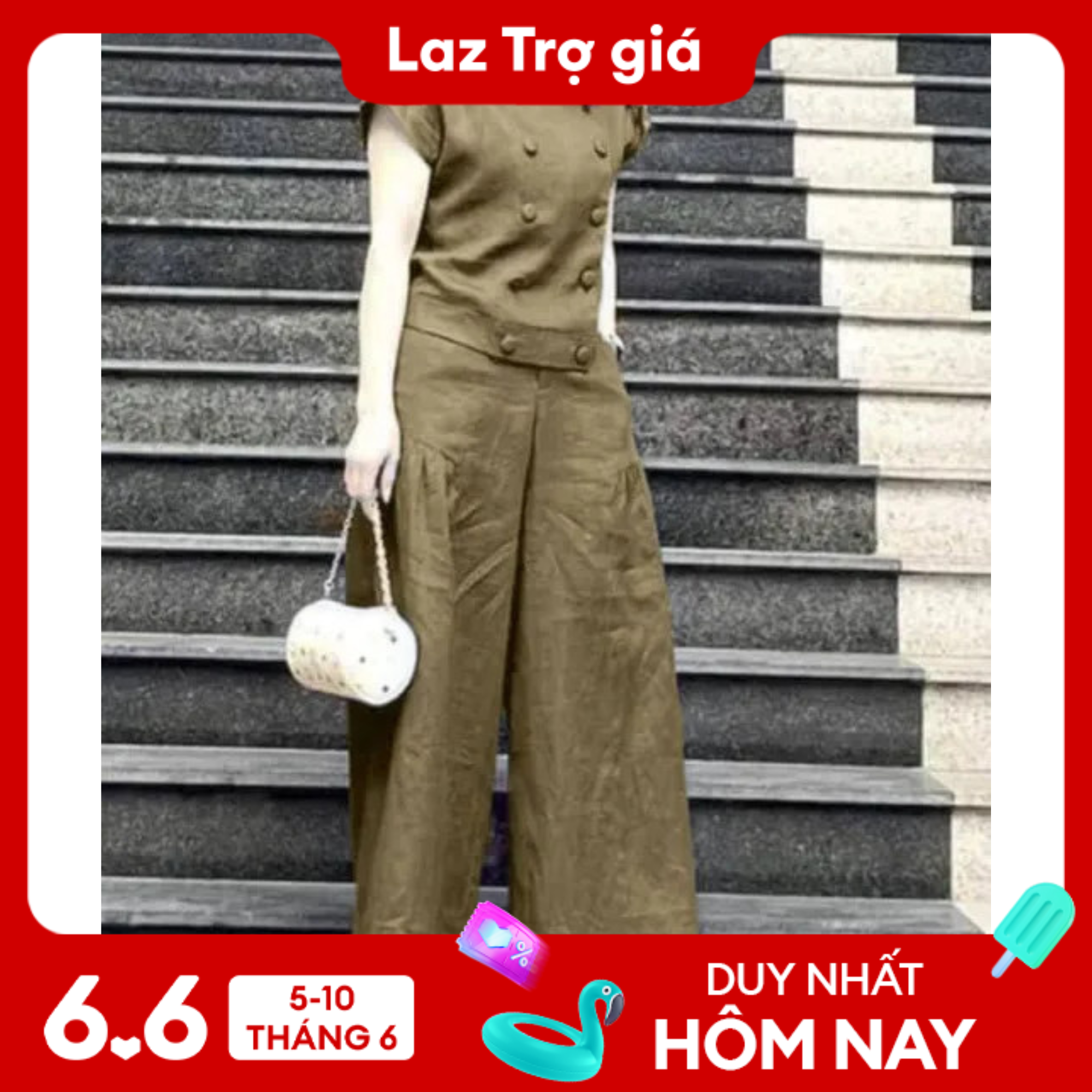 Bộ Đồ Nữ, Áo Cộc, Quần Dài, Cổ Vuông, Cúc Áo Kiểu, Mã C2