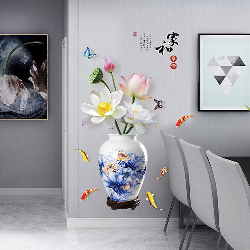 DECAL DÁN TƯỜNG TẾT BÌNH HOA XANH SEN TRẮNG