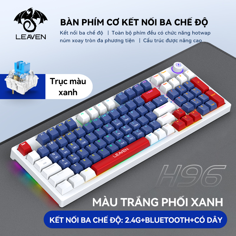Bàn phím cơ bluetooth không dây có dây hotswap gaming LEAVEN H96 LED red blue yellow switch 3 chế độ kết nối Pin sài 7 ngày