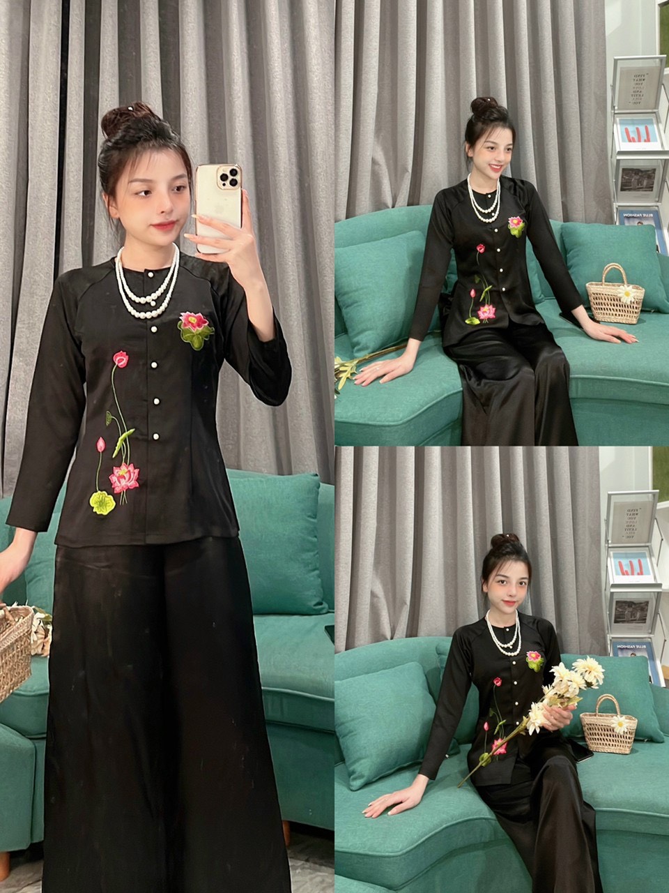 Áo bà ba thêu hoa sen lụa tơ tằm