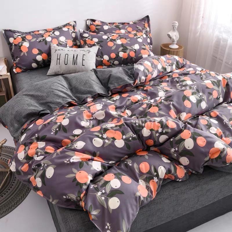 Bộ chăn ga gối phong cách Hàn Quốc hoạ tiết trái táo vintage bo chun đủ kích thước