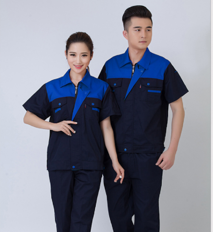 Quần áo đồng phục bảo hộ lao động nam nữ mùa hè SHUNI - 010B kaki loại dày khóa kéo than phối xanh dành cho công nhân, kỹ sư, xây dựng, làm việc