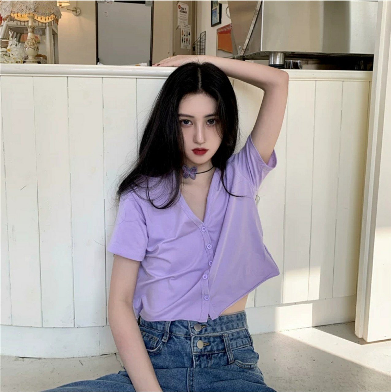 Áo Croptop YUNI Cổ Tim Tay Lỡ Unisex