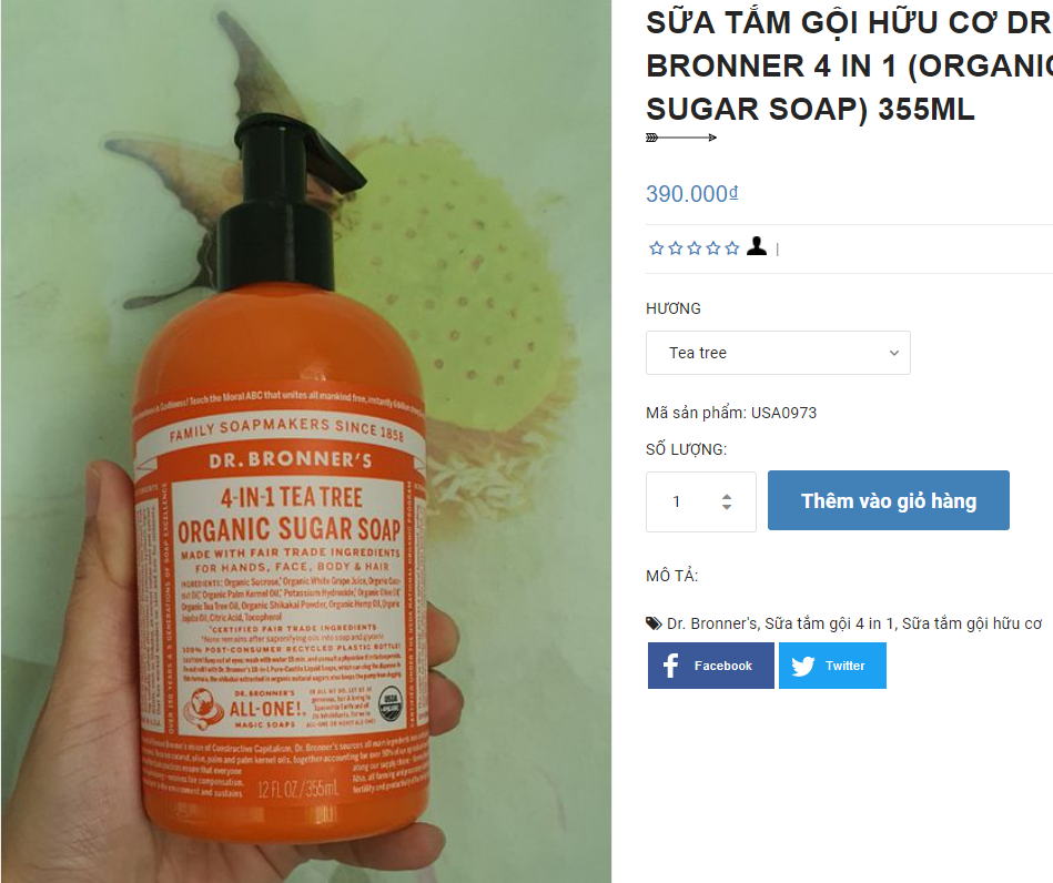 SỮA TẮM GỘI HỮU CƠ DR. BRONNER'S 4 IN 1 (ORGANIC SUGAR SOAP) 355ML
