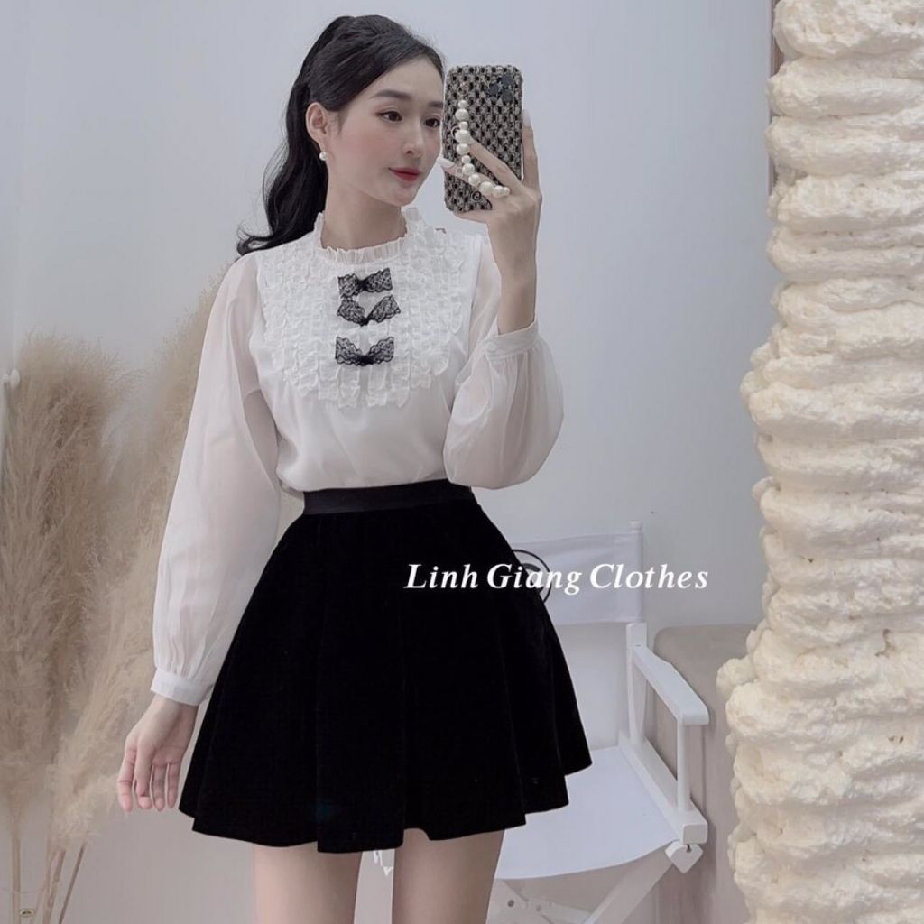 Set chân váy xếp ly kèm áo sơ mi vải lụa