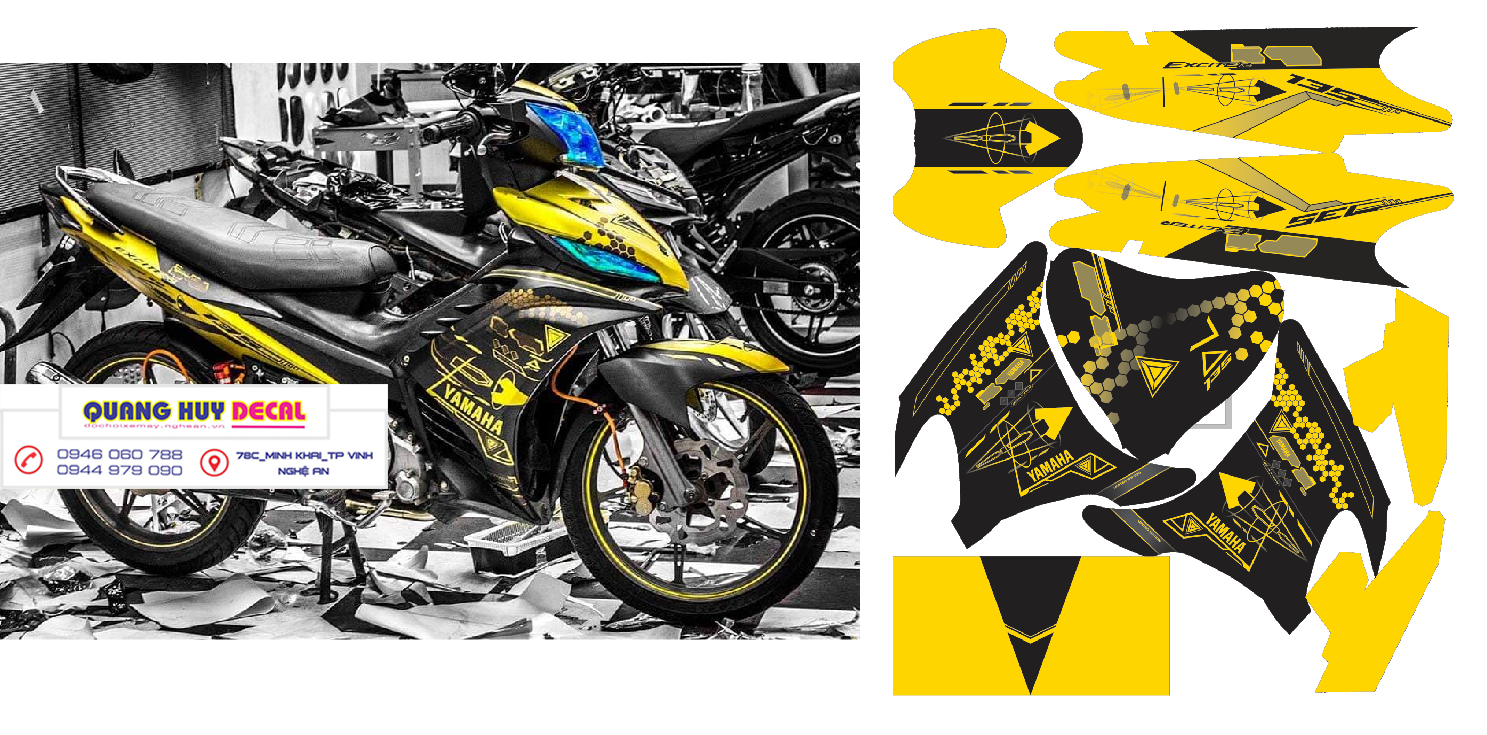 Tem TRÙM PHỦ xe  exciter 135 vàng đen chế đẹp- Tem  dán xe máy exciter 135 thiết kế theo yêu cầu - tem xe exciter 135 vàng đen độ chế đẹp và rẻ chất