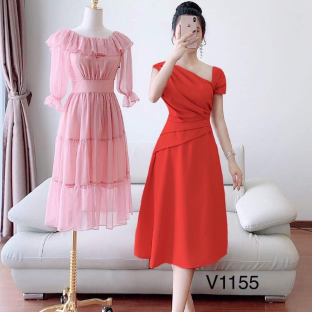 Đầm xòe dự tiệc xếp ly chéo vai