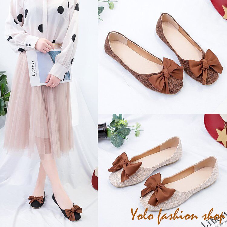 [Hoàn tiền 15%]Giày bệt búp bê nữ vải dạ thắt nơ xinh xắn - B12