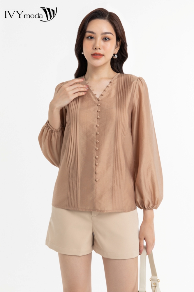 Áo sơ mi lụa phối nút IVY moda MS 17M8025