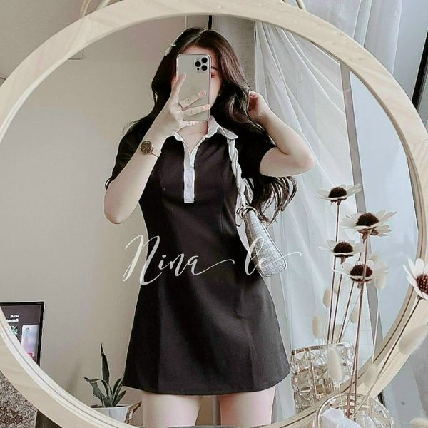Đầm Polo đen cổ viền trắng