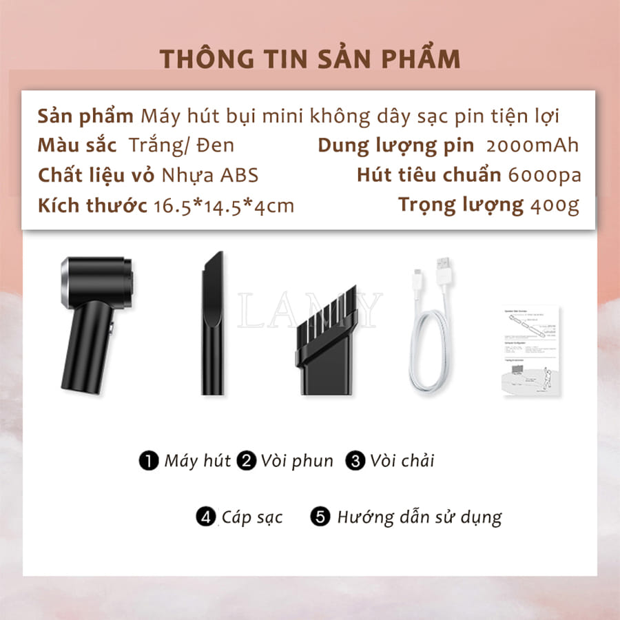 Máy Hút Bụi Mini Cầm Tay Không Dây YT-M2037 Lực Hút 6000MPA Nhỏ Gọn, Pin Sạc Tiện Lợi, Lực Hút Siêu Mạnh, Công Suất 60w