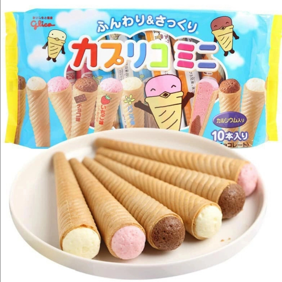 [DATE 2/2027] BÁNH ỐC QUẾ NHÂN KEM GLICO NHẬT BẢN (TÚI 10 CÂY - 3 VỊ SỮA, DÂU, SOCOLA)