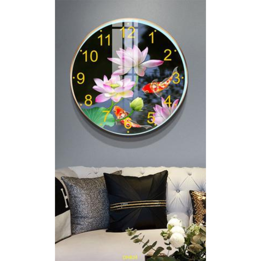 Tranh treo tường - Tranh Đồng Hồ Tròn tráng gương Hoa Sen - Bo viền cao cấp