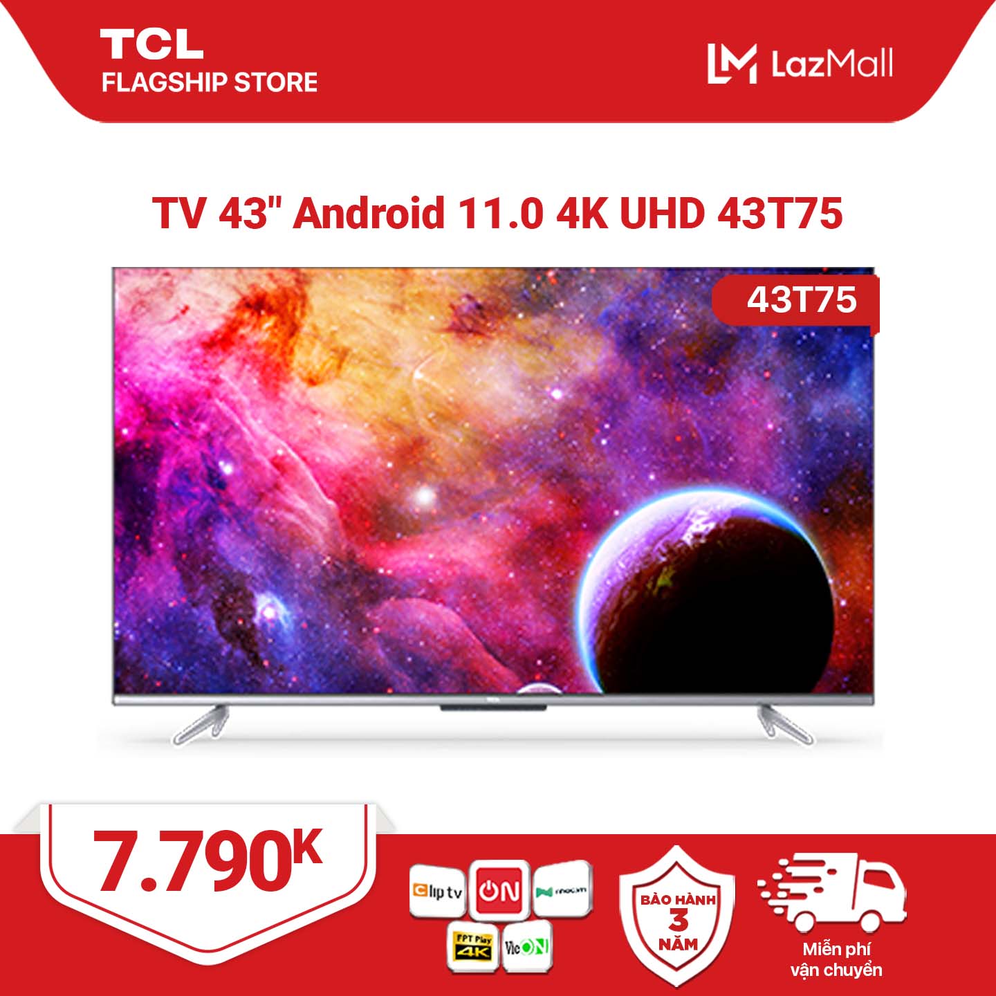 [Sản phẩm mới 2021] 43'' 4K UHD Android Tivi TCL 43T75 - Gam Màu Rộng , HDR , Dolby Audio - Bảo Hành 3 Năm , trả góp 0%