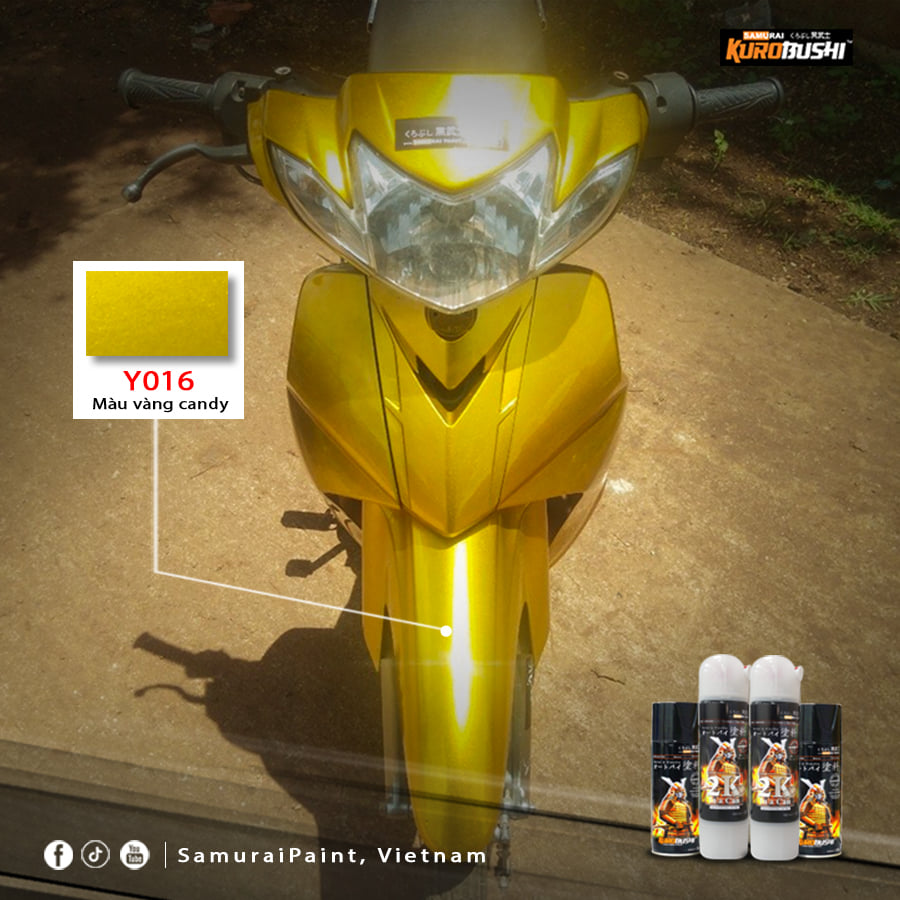 Sơn xịt Samurai màu vàng candy Y016 (nên sơn trên nền bạc 124) chuyên sơn xe máy ô tô và trang trí vật dụng