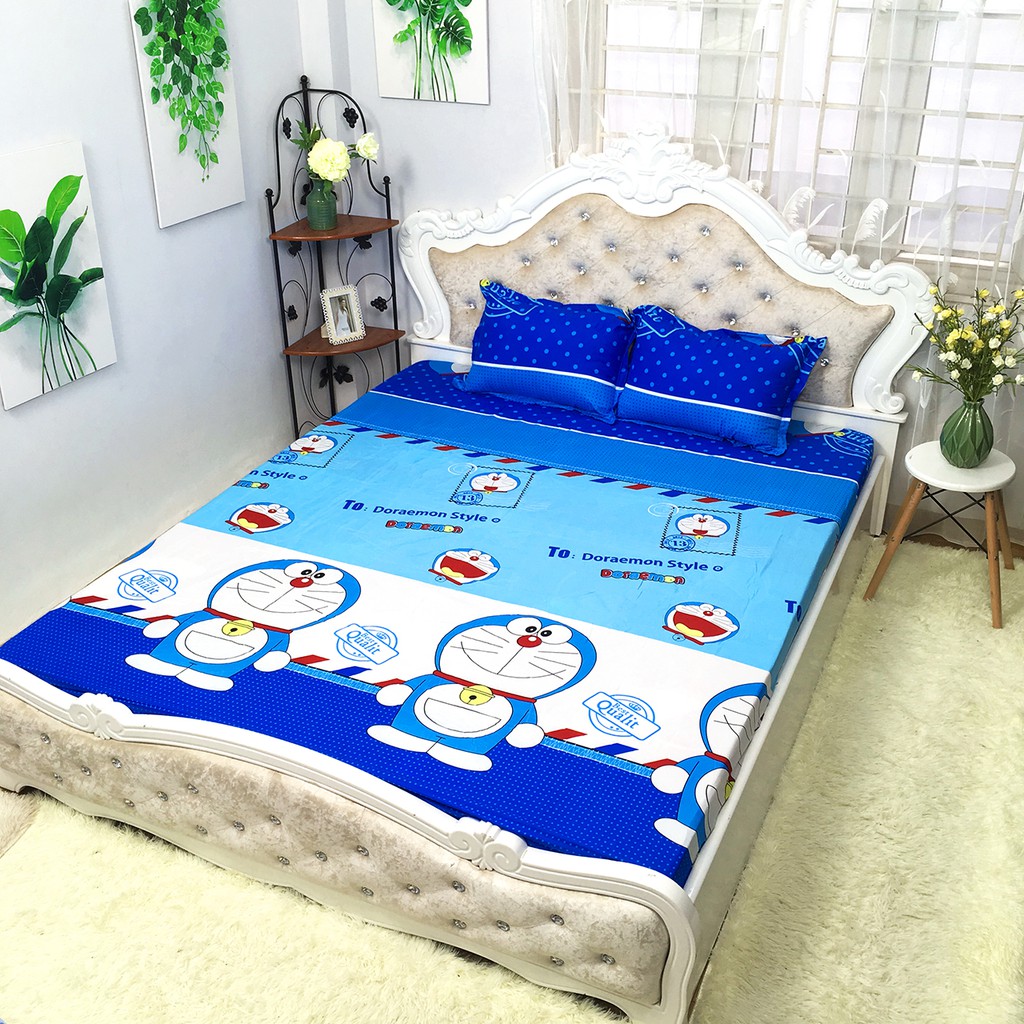Bộ Ga Gối Cotton Poly Mẫu DORAEMON TEM THƯ siêu cute