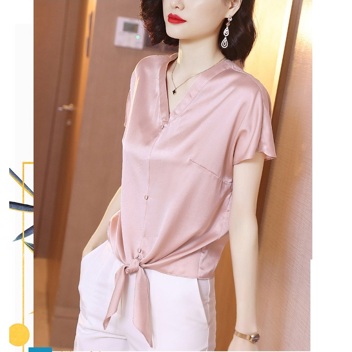 Áo Kiểu Nữ, Áo Nữ Tay Ngắn Vạt Cột Nơ Phối Nút Bọc xinh xắn thời trang