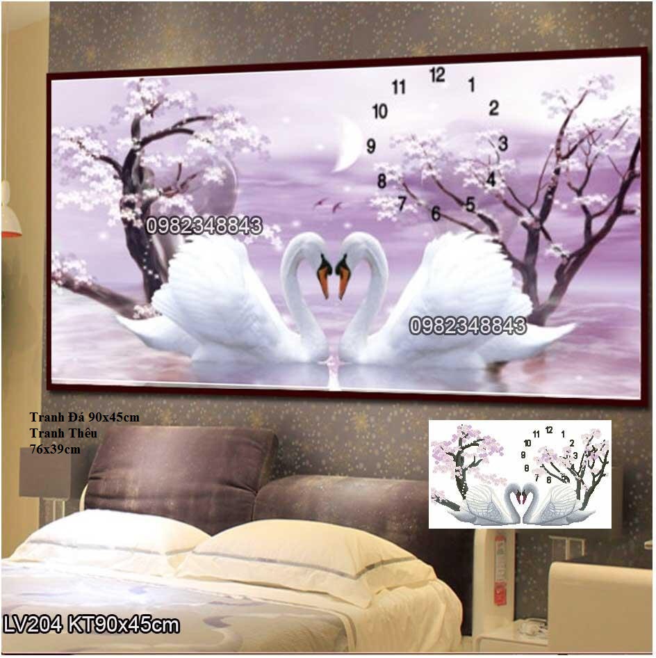 Tranh đính đá,tranh gắn đá Đồng Hồ Thiên Nga KT:90x45cm