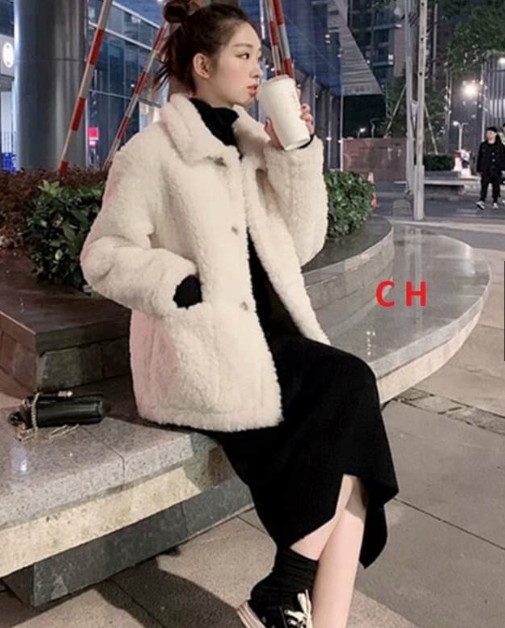 Set váy len áo khoác lông thỏ