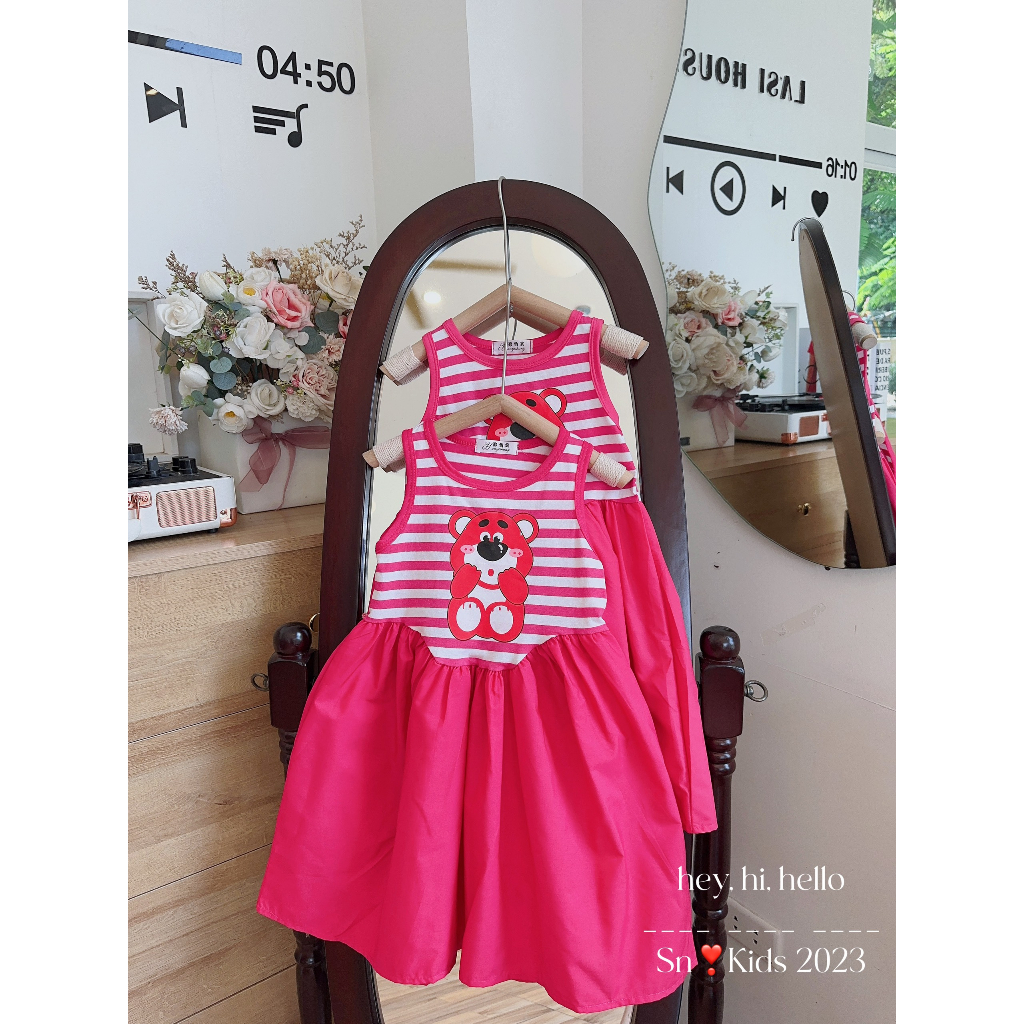 Váy 3 lỗ sọc chú gấu hồng dễ thương size 8-30kg
