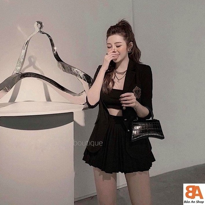 Sét áo vest + chân váy xếp ly ( có quần trong)